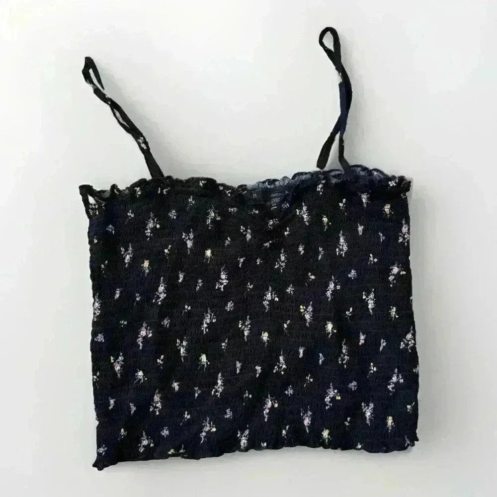 Forever 21 Size Large Stretchy Black Floral Crop Top Adjustable Straps